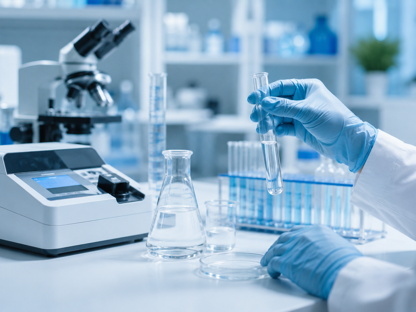 Laboratorio de análisis de calidad del agua, tubos y equipo de medición