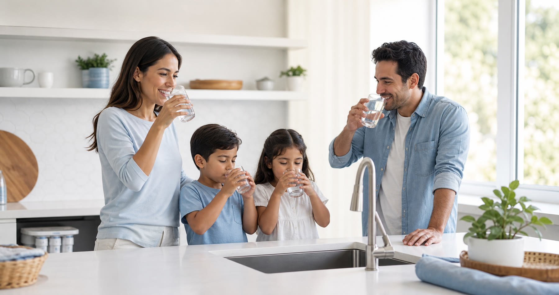Familia tomando agua filtrada en una cocina luminosa