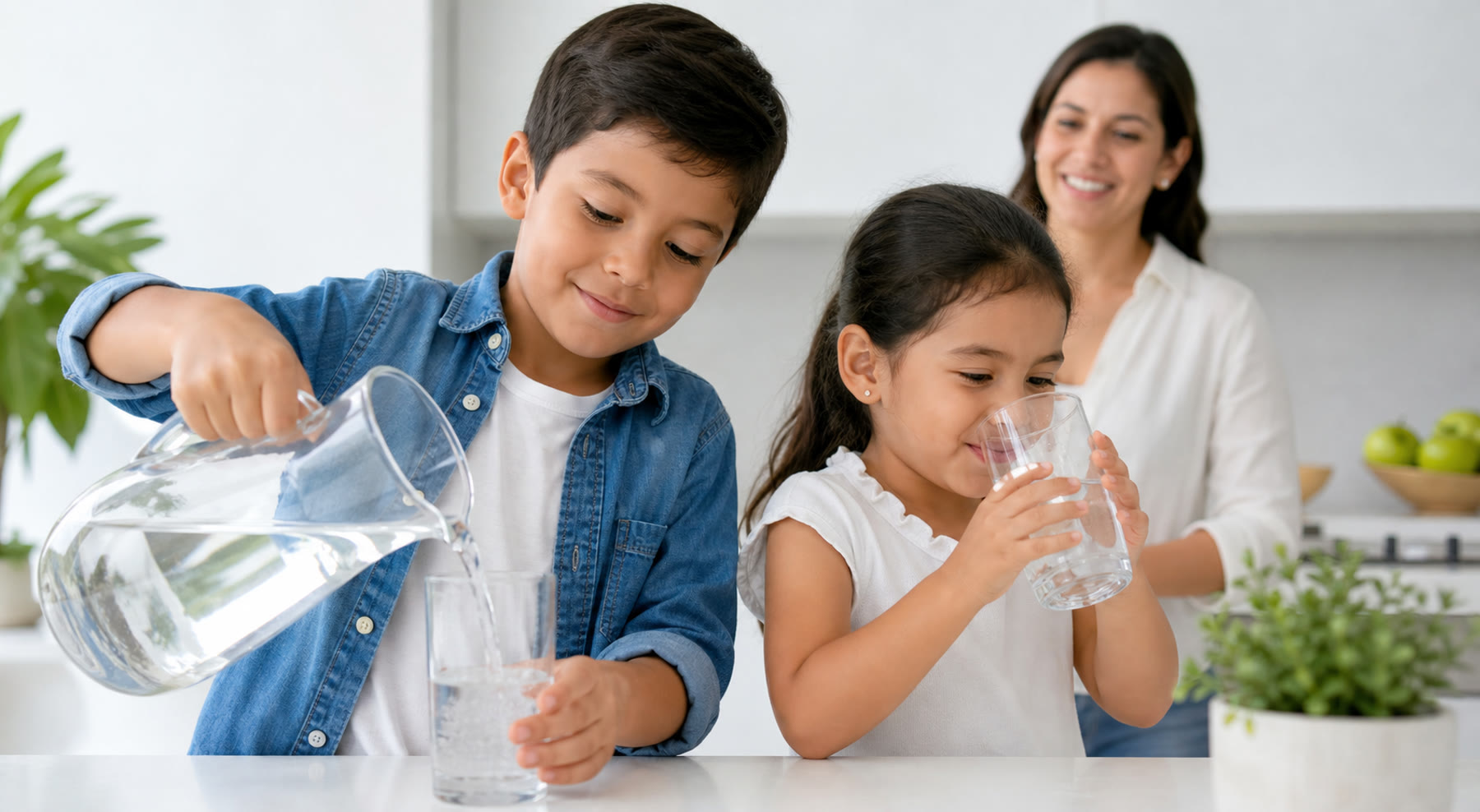 Niños tomando agua filtrada en casa con una madre sonriendo de fondo