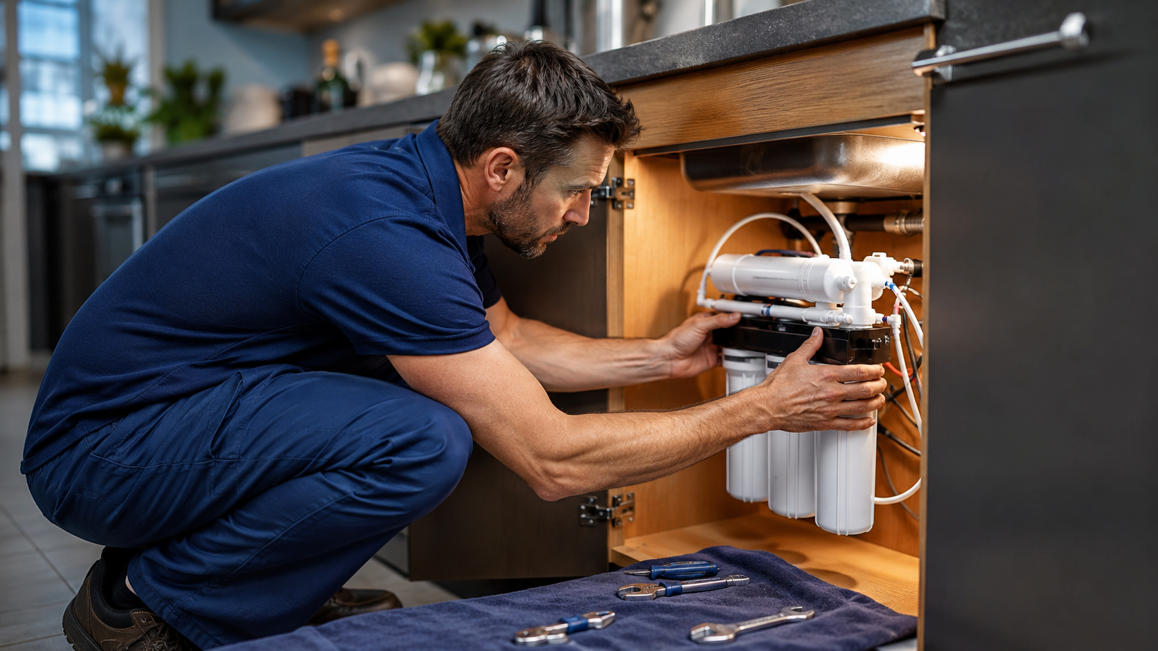 Técnico instalando sistema de filtrado de agua bajo la bacha de una cocina